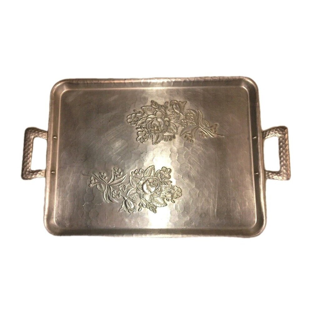 Mid-Century Everlast Hammered Aluminum Large Rectangular Tray, Double Handles